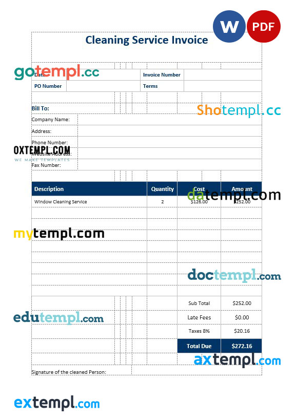 Cleaning service invoice template in word and pdf format