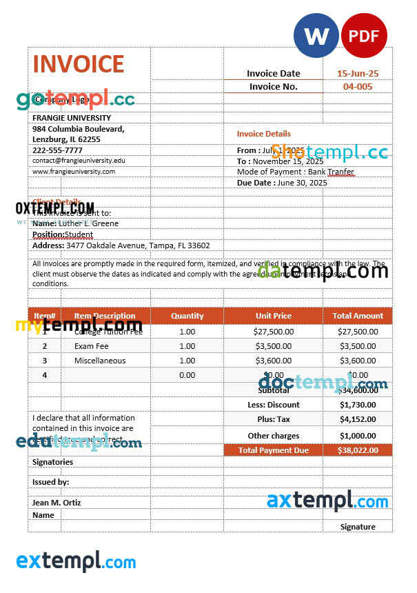 College Tuition Invoice template in word and pdf format