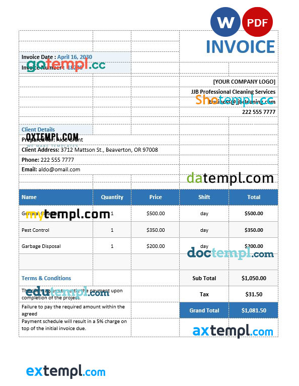 Commercial Cleaning Service Invoice template in word and pdf format