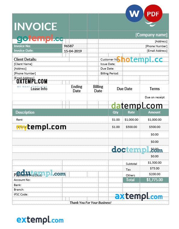 Commercial lease invoice template in word and pdf format
