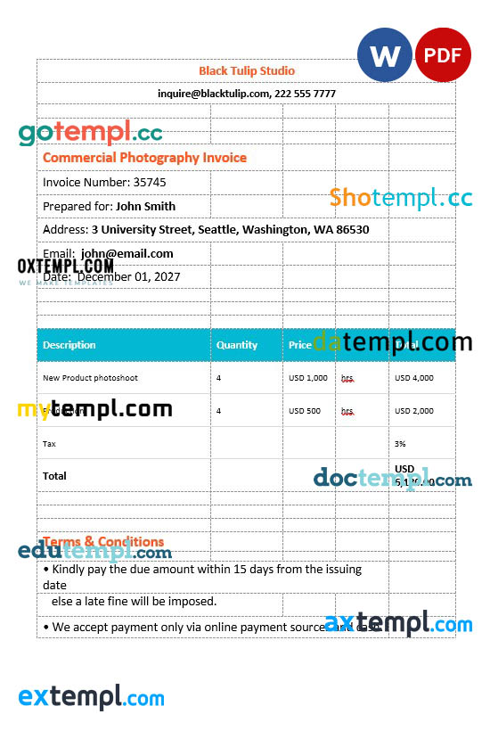 Commercial Photography Invoice template in word and pdf format