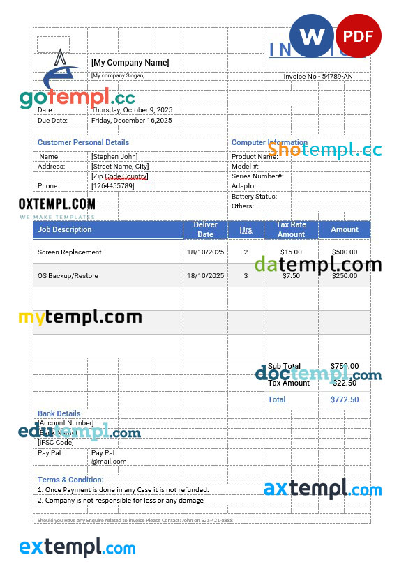 Computer Repair Invoice template in word and pdf format
