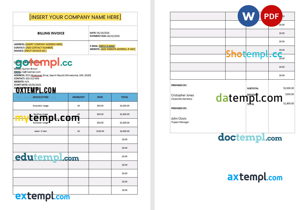 Construction Billing Invoice template in word and pdf format