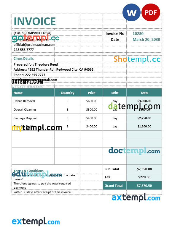 Construction Cleaning Invoice template in word and pdf format
