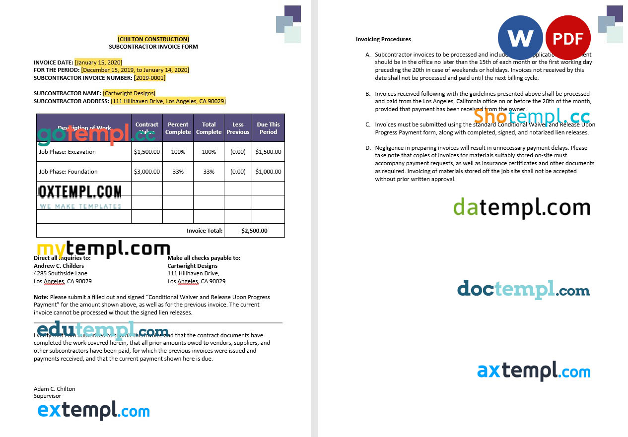 Construction Subcontractor Invoice template in word and pdf format