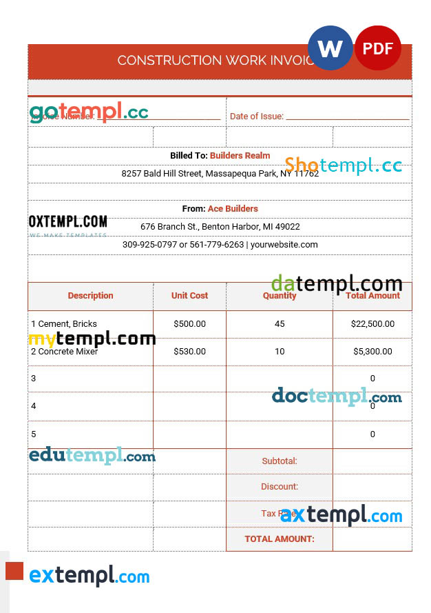 Construction Work Invoice template in word and pdf format
