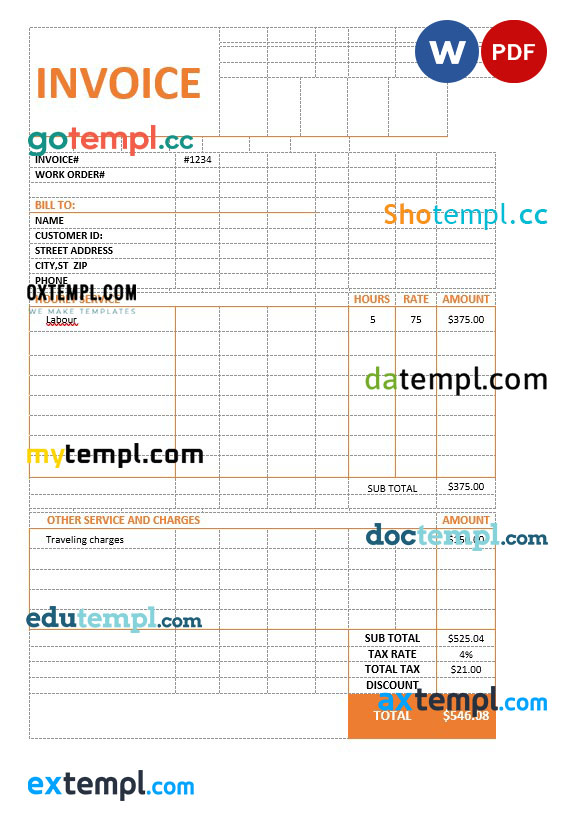 Consultancy Service Invoice template in word and pdf format
