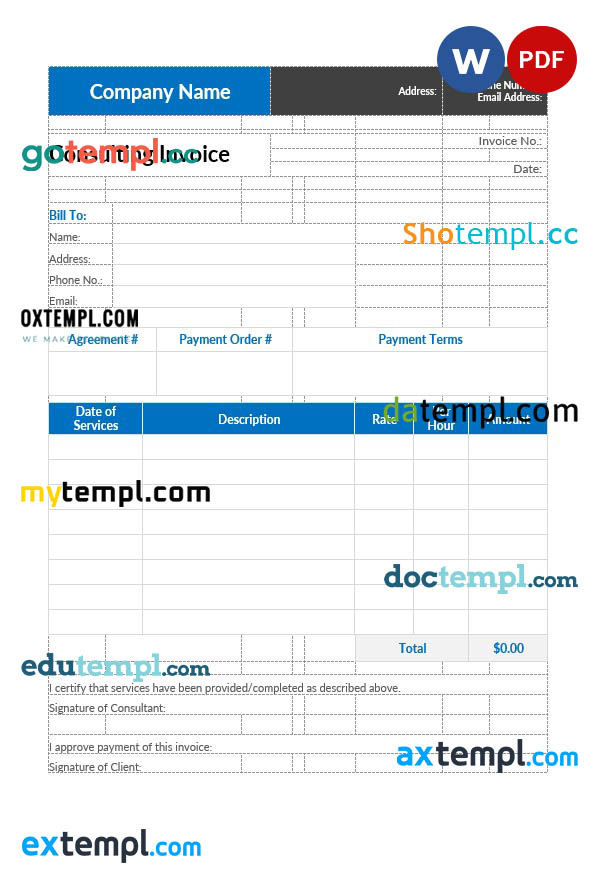 Consulting invoice template in word and pdf format
