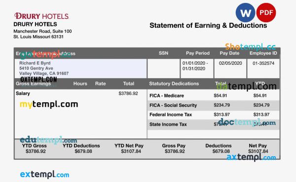 DRURY HOTELS earnings statement template in PDF and Word formats