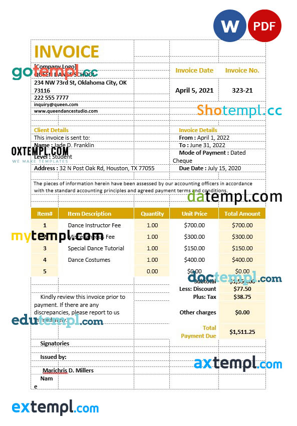 Dance School Invoice template in word and pdf format