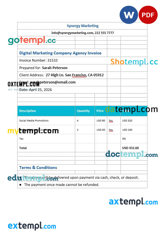 Digital Marketing Company Agency Invoice template in word and pdf format