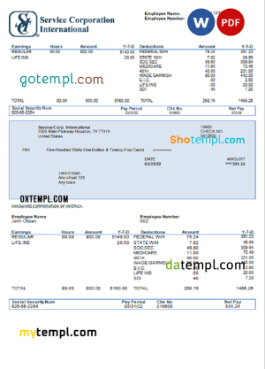 USA Service Corp. International consumer discretionary company pay stub Word and PDF template