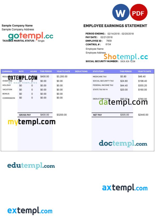 EMPLOYEE earnings statement template Word and PDF format version 8