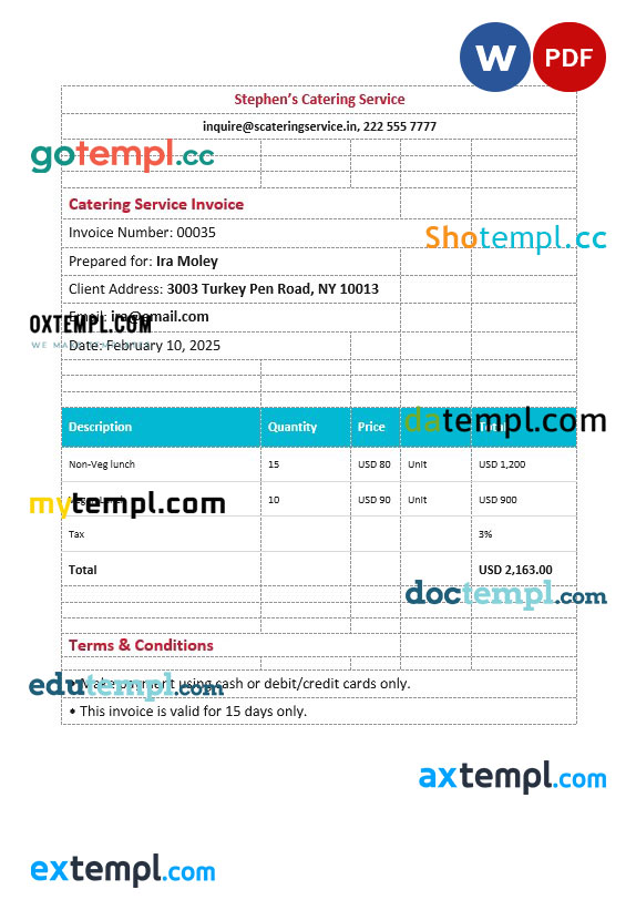 Editable Catering Service Invoice template in word and pdf format