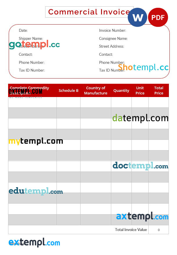 Editable Commercial Invoice template in word and pdf format