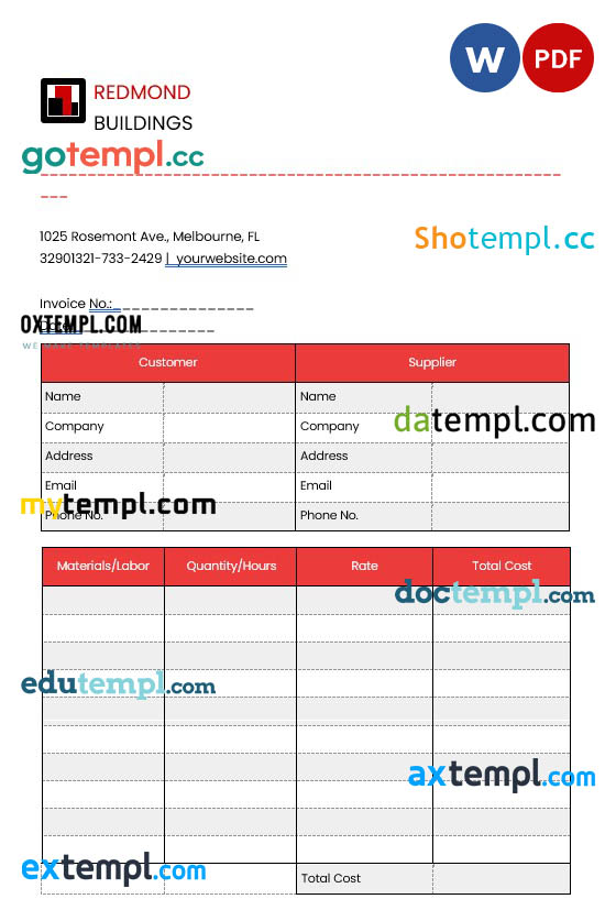 Editable Construction Invoice template in word and pdf format