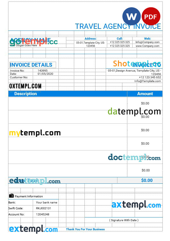 Editable Travel Agency Invoice template in word and pdf format