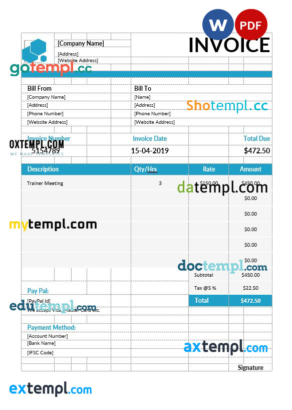 Educational consultant invoice template in word and pdf format