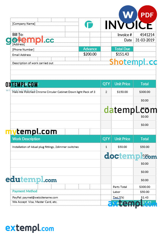 Electrical contractor invoice template in word and pdf format