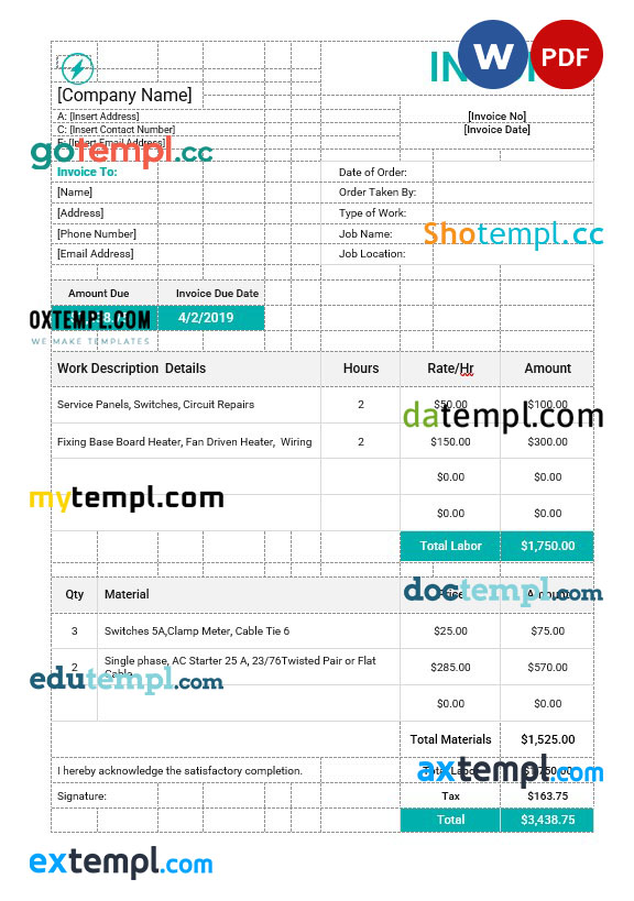 Electrical Work Order Invoice template in word and pdf format
