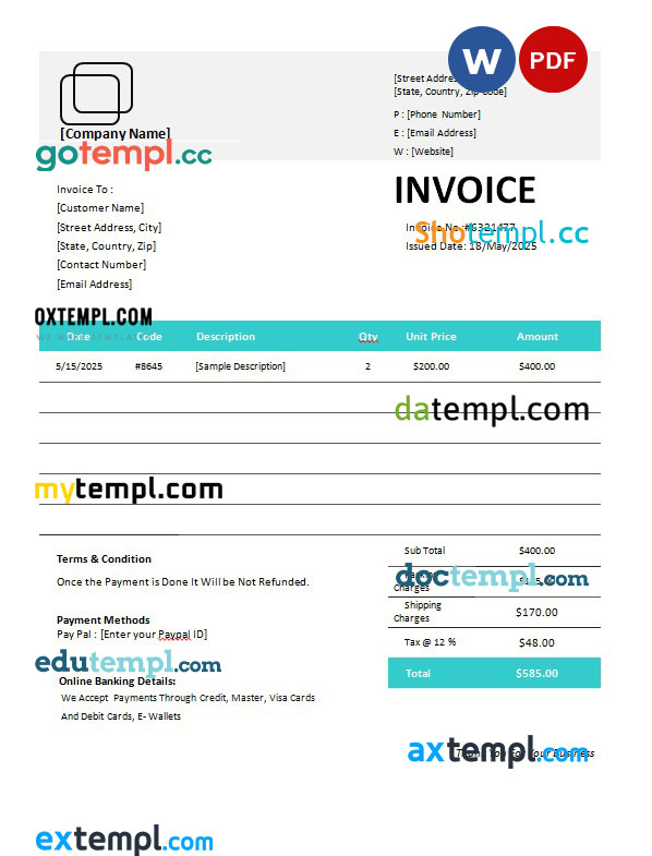 Equipment Invoice template in word and pdf format