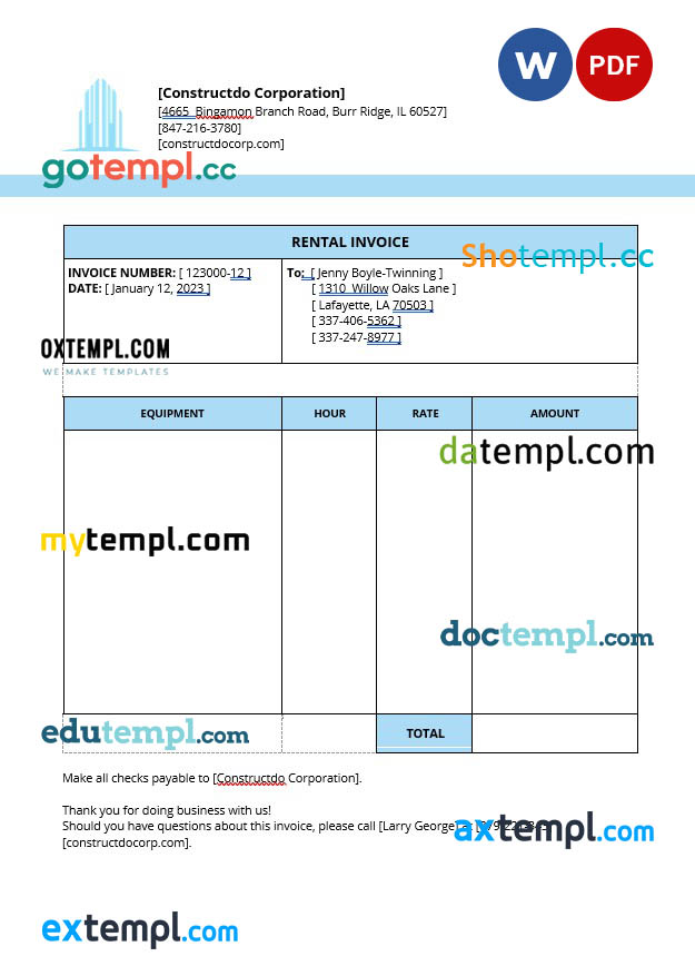Equipment Rental Invoice template in word and pdf format