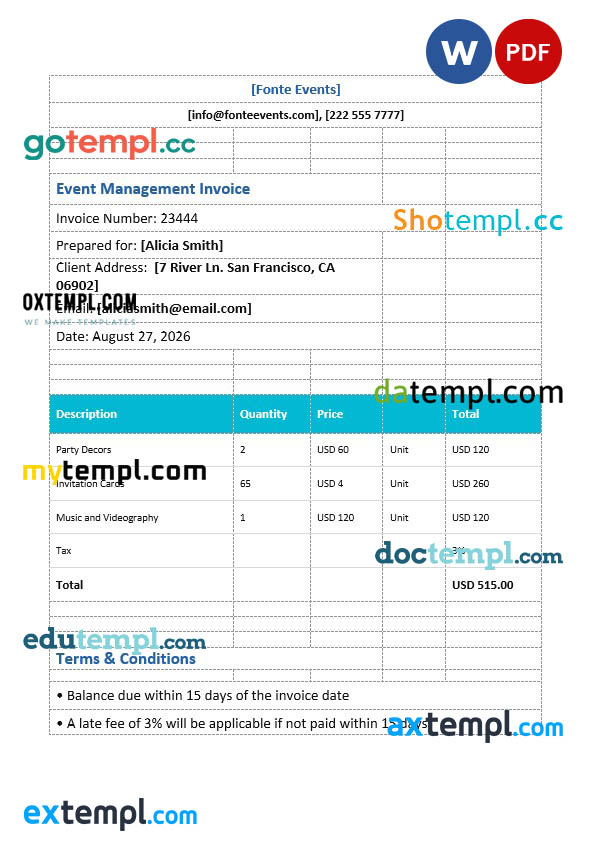 Event Management Invoice template in word and pdf format