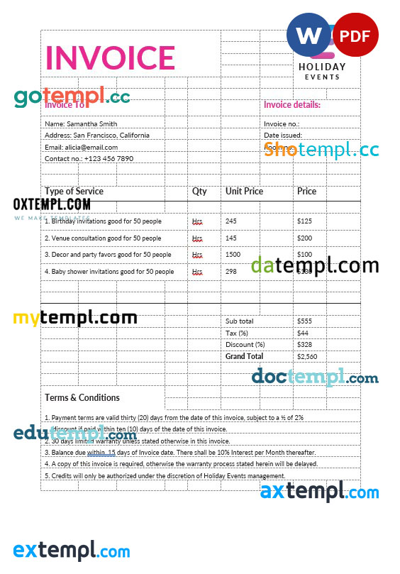 Event Planner Invoice template in word and pdf format