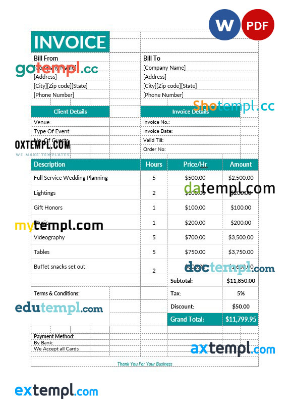 Event planning invoice template in word and pdf format