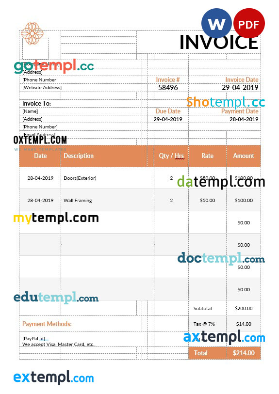 Exterior Design Invoice template in word and pdf format