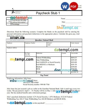 Family Economics & Financial Education paycheck stub Word and PDF template