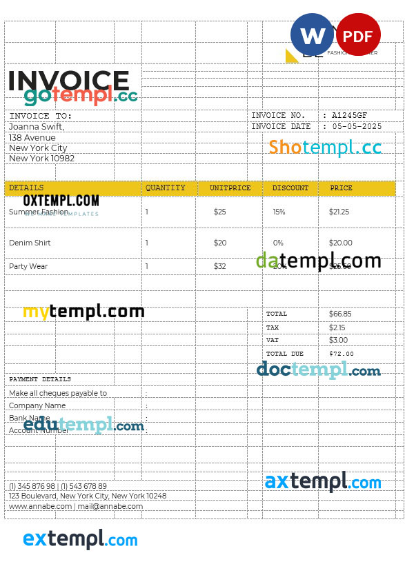 Fashion Designer Invoice template in word and pdf format