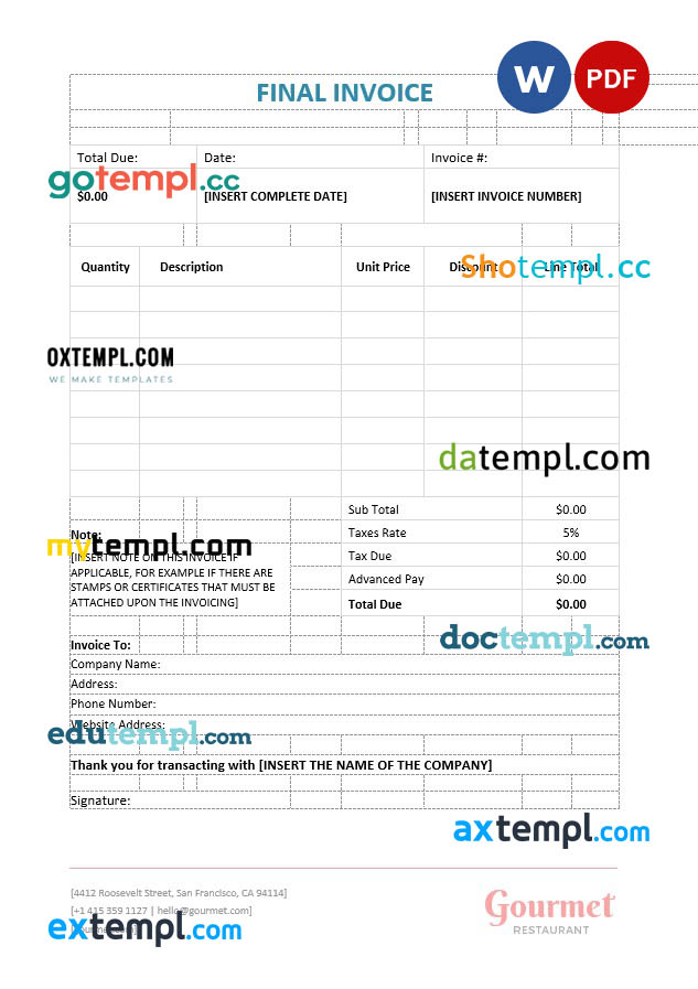 Final Invoice template in word and pdf format