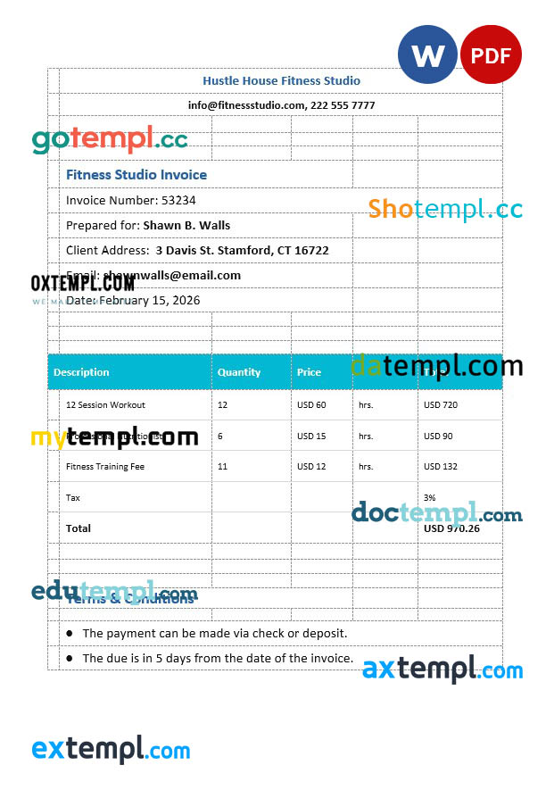 Fitness Studio Invoice template in word and pdf format
