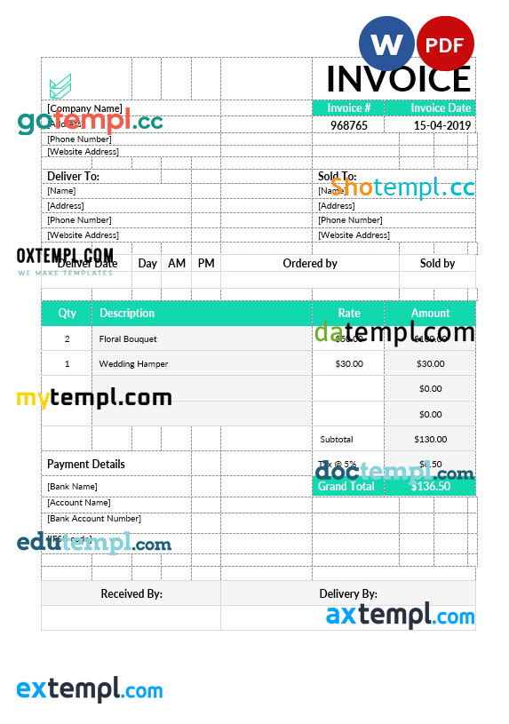 Flower Shop Invoice template in word and pdf format