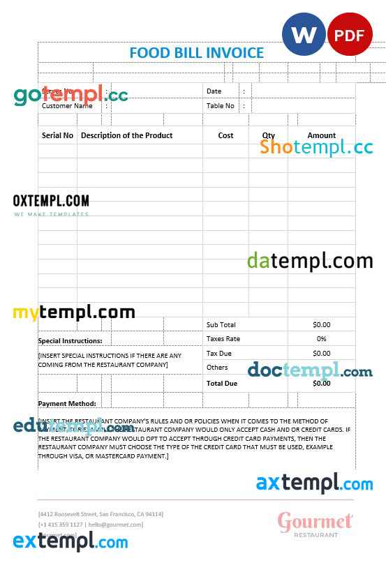 Food Bill Invoice template in word and pdf format