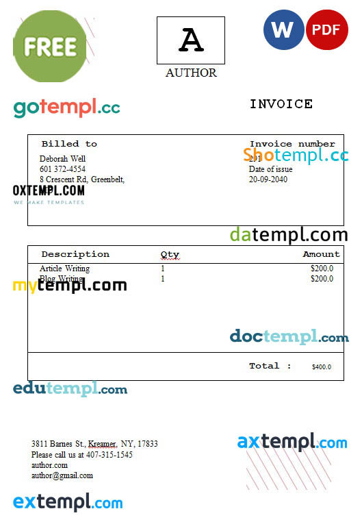 Free Author Invoice template in word and pdf format