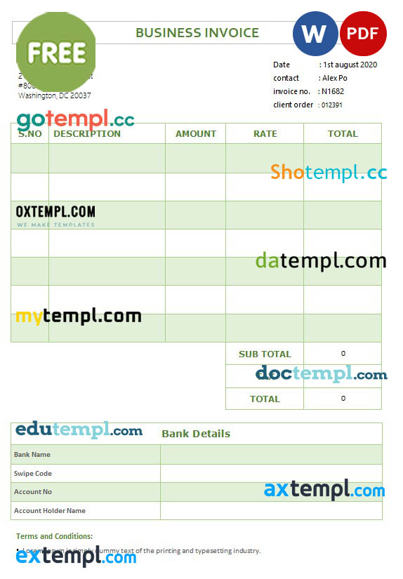Free Business Invoice template in word and pdf format