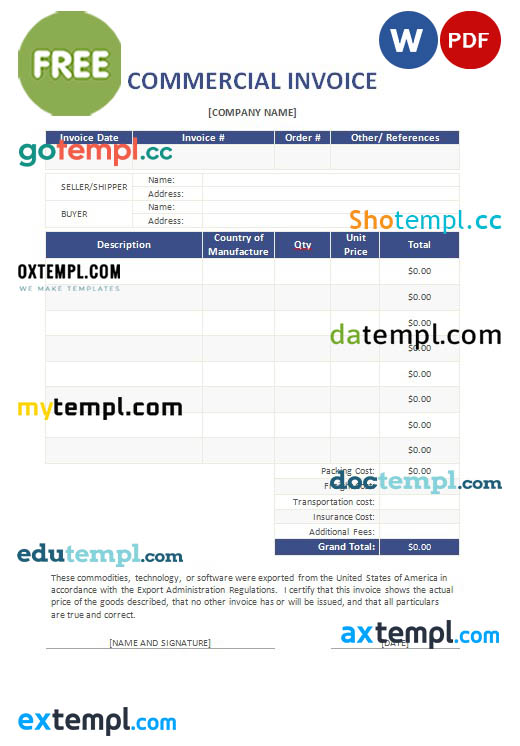 Free Commercial Invoice template in word and pdf format