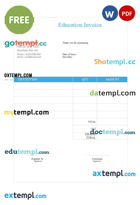 Free Education Invoice template in word and pdf format