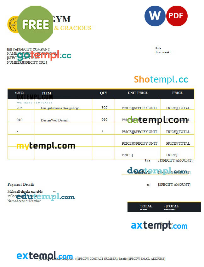 Free Gym Invoice template in word and pdf format