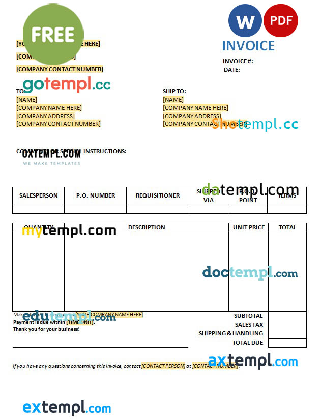 Free Purchase Invoice template in word and pdf format