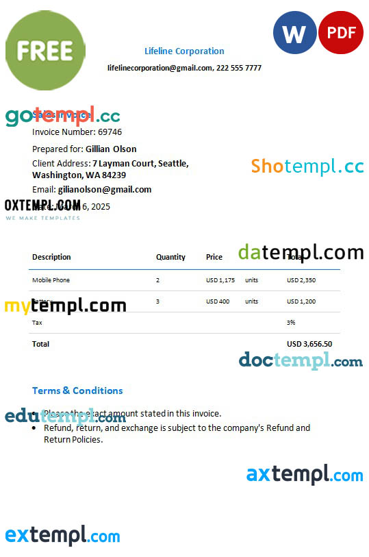 Free Sales Invoice template in word and pdf format