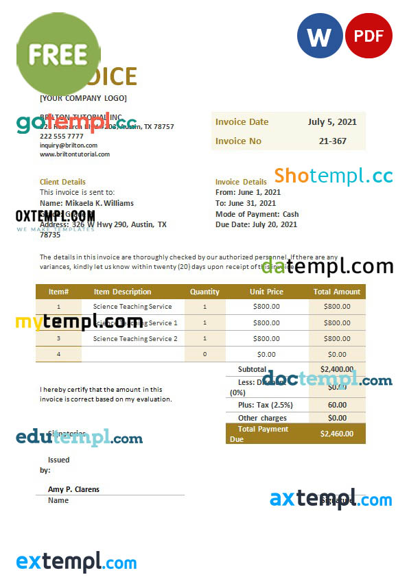 Free Teaching Invoice template in word and pdf format