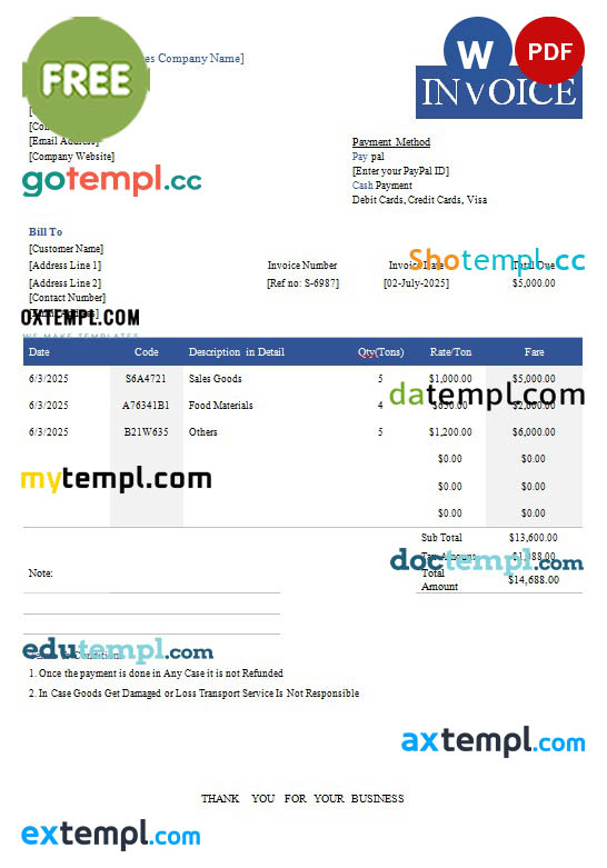 Free Transportation Invoice template in word and pdf format