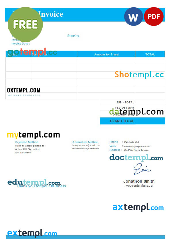Free Travel Invoice template in word and pdf format
