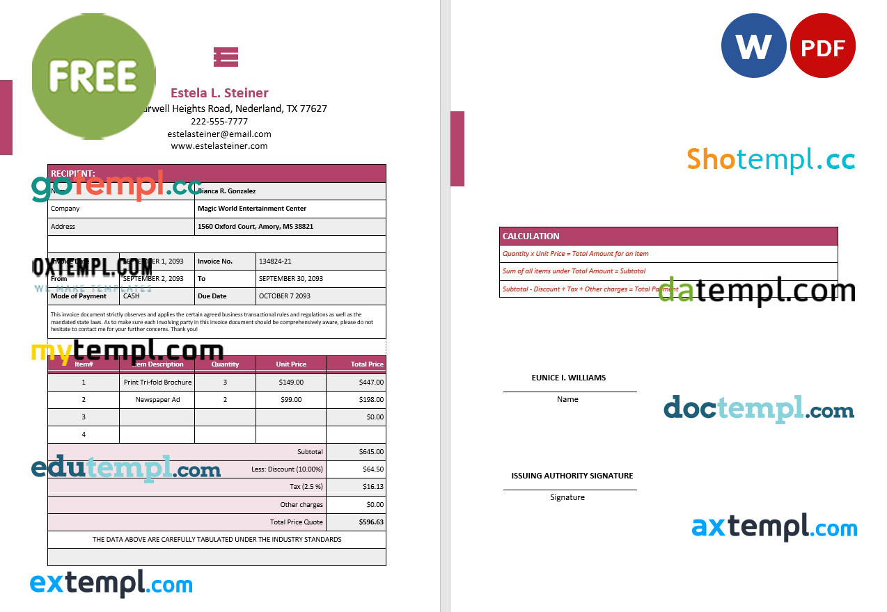 Free Freelance Design Invoice template in word and pdf format