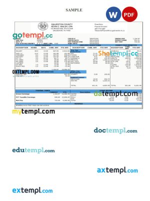 GALVESTON County payroll check pay stub Word and PDF template