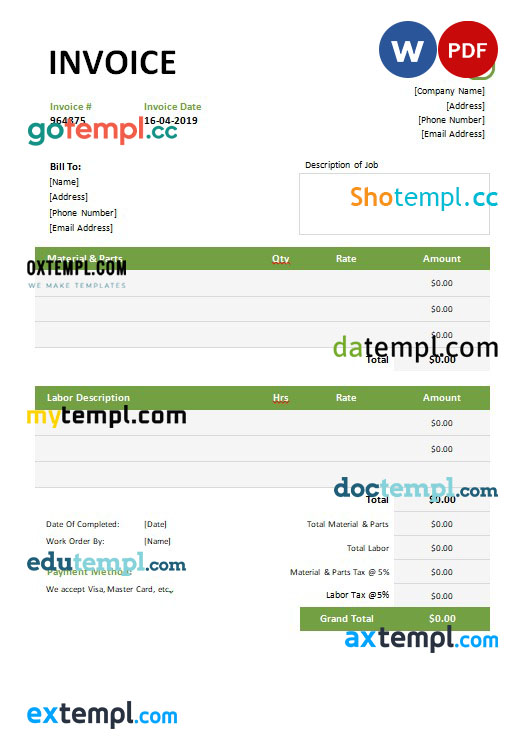 Garage Invoice template in word and pdf format