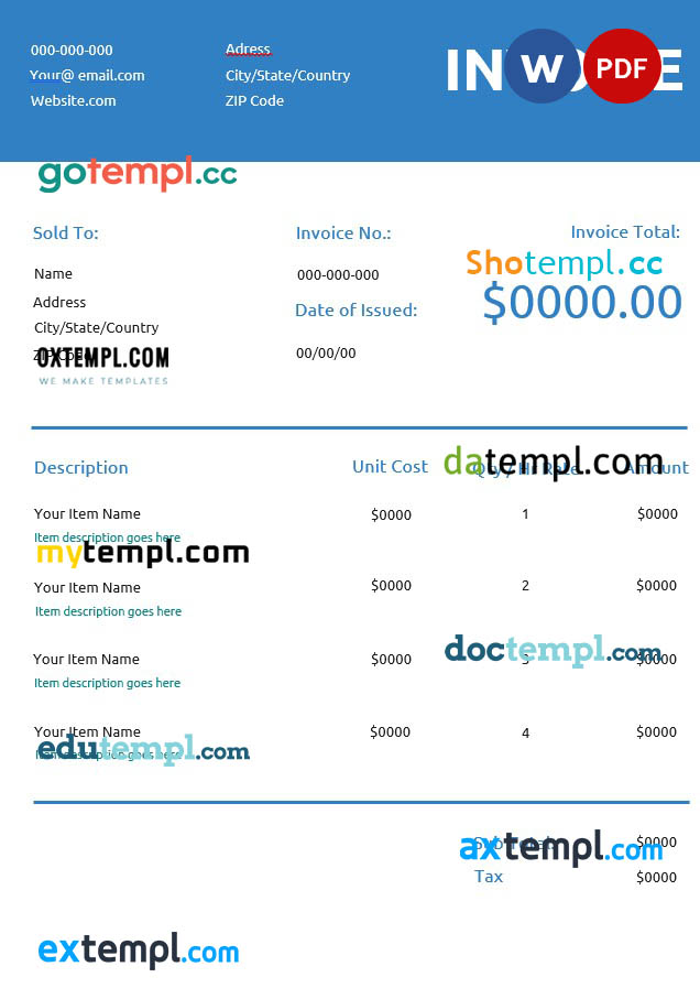 Generic Commercial Invoice template in word and pdf format